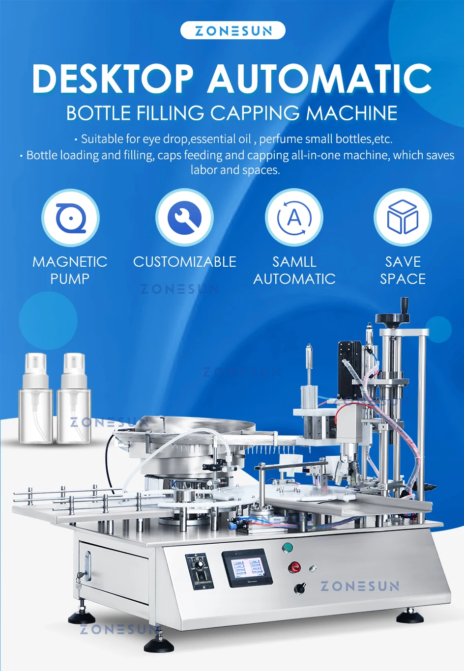 ZONESUN ZS-AFC7 Single Nozzle Magnetic Pump Liquid Filling and Capping Machine