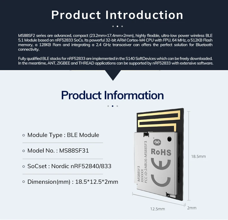 FCC CE RoHs 인증 장거리 모듈, 북유럽 nRF52840 BLE 5.2, 48 GPIO, 다중 프로토콜 지원, 최소 크기