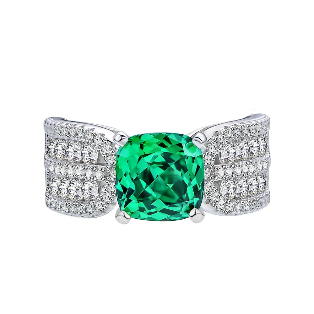 

New Models 8 * 8 Fat Square Imitation Emerald Diamond Ring Set with High Carbon Diamond 925 Silver Ring Small and Versatile