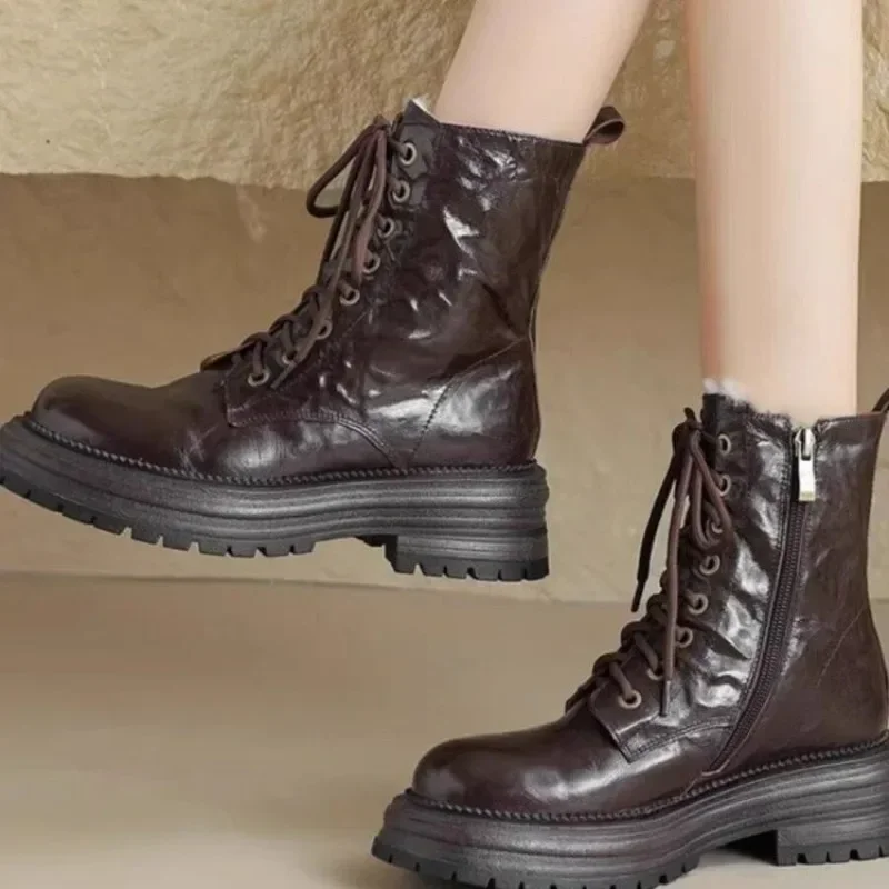 

Женские ботинки на молнии, на шнуровке, с круглым носком, однотонные плюшевые теплые водонепроницаемые ботинки на среднем каблуке, зимняя обувь, 2023