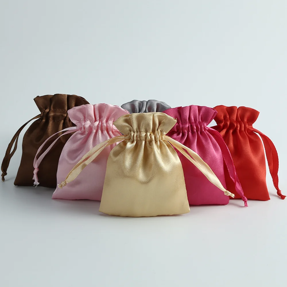 100Pcs Drawstring Silk Gift Bags Multi Size Jewelry Ring Earrings Organizer Packaging Wedding Favor Candy Bag Can Custom Logo