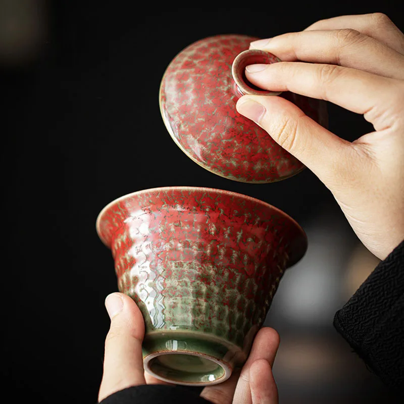 Ceramic Gaiwan Single Cup Household Kung Fu Tea Set Non-Scald Brewing Bowl Tea Making Device Meeting Guests Red Kiln Glaze