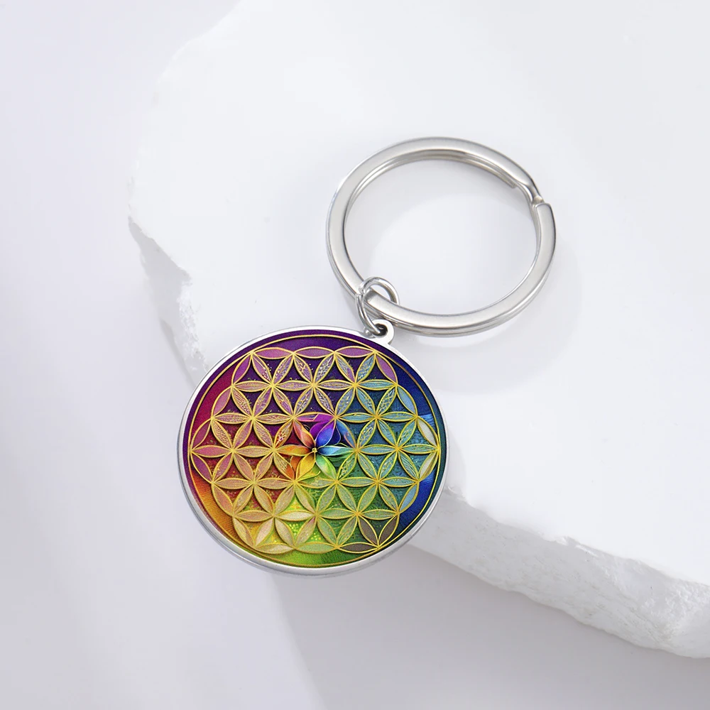 Dawapara Heilige Geometrie Blume des Lebens Schlüsselanhänger Mehrfarbiger Mandala-Lotus-Anhänger Schlüsselanhänger Edelstahlschmuck – Detail 12