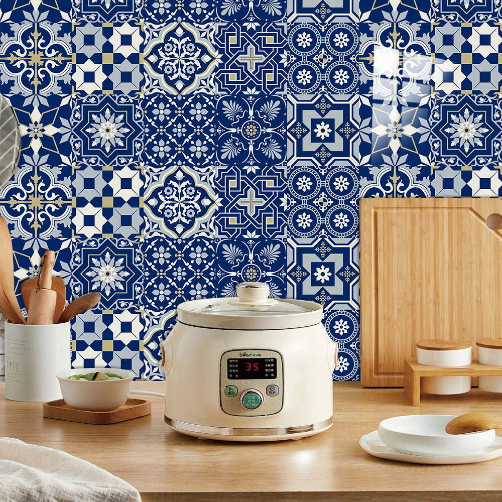 10 Stück blaue selbstklebende Fliesen für die Küche, ölbeständig, für Waschbecken, wasserdicht, glänzende Wandaufkleber, einfach anzubringende Kunstdekoration – Detail 7