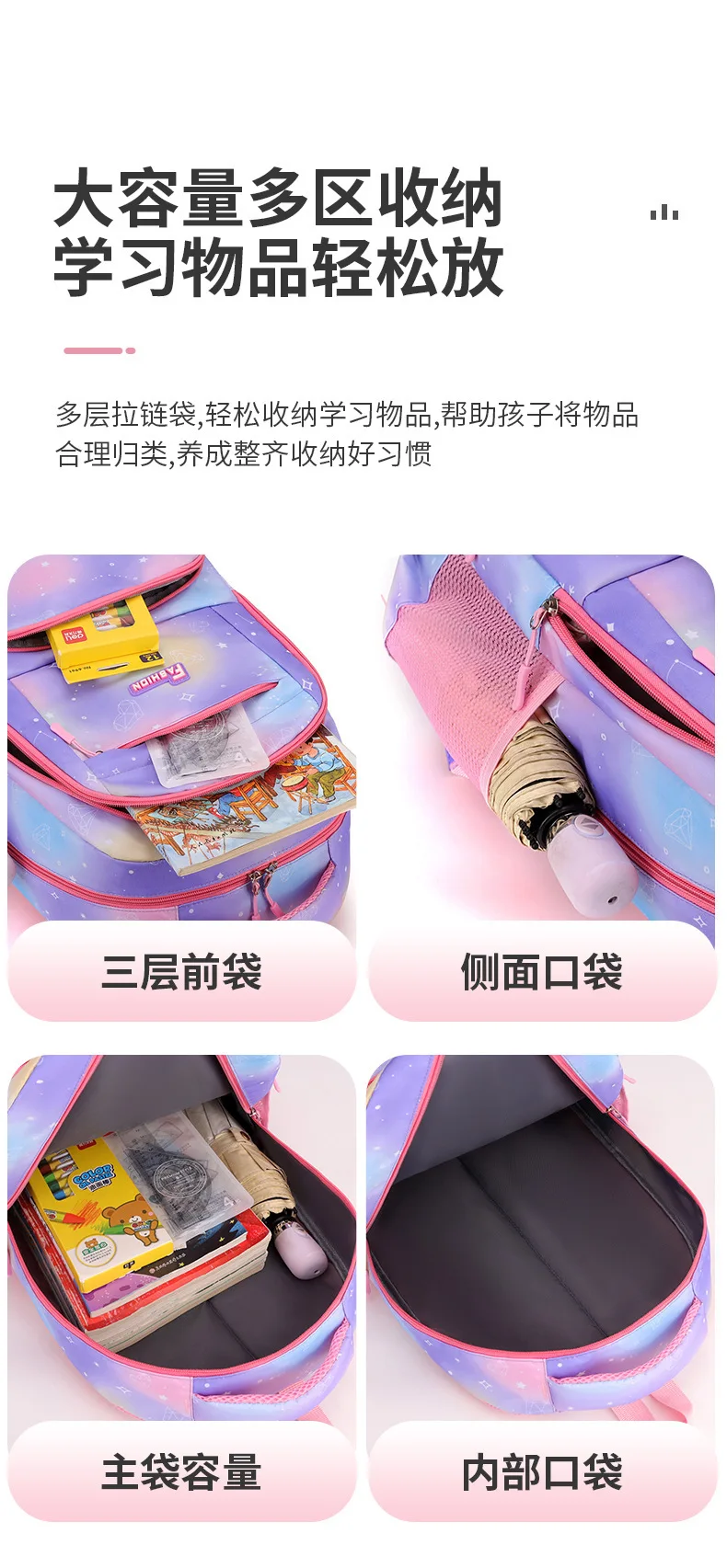 Hochwertiger modischer Rucksack für Mädchen, Grundschüler der Klassen 3–6, Farbverlauf, Campus, doppelte Umhängetasche – Detail 9
