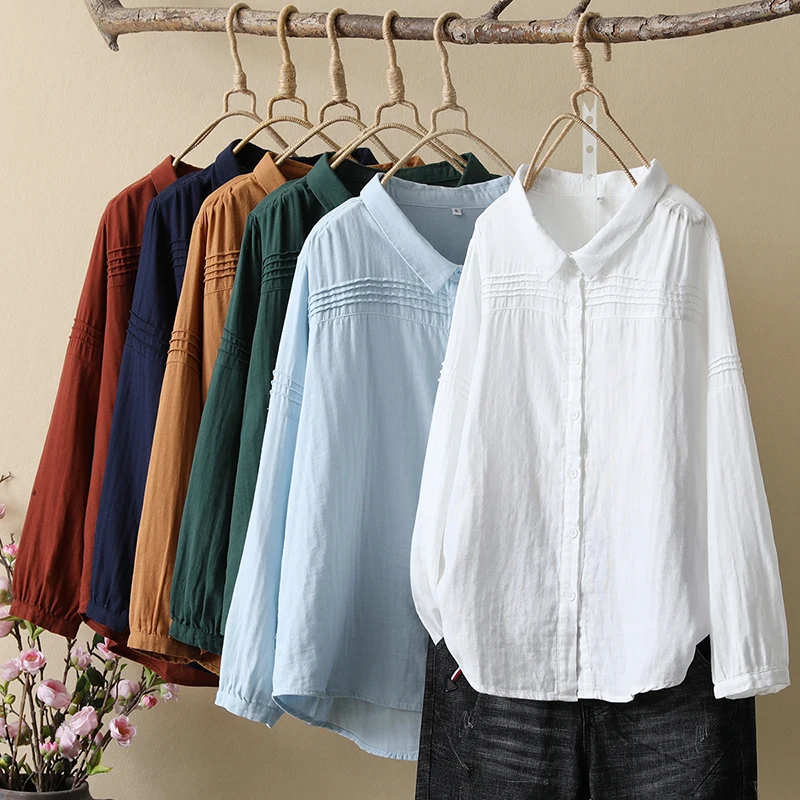 

2023 New Cotton Yarn Womens Casual Shirts Simple Fresh Long Sleeve Loose Women Blouses Tops Lady Solid Color Shirt Clothes