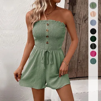 Summer Leisure Vacation, European and American Solid Color High Waist Design, Strapless Jumpsuit Shorts 1