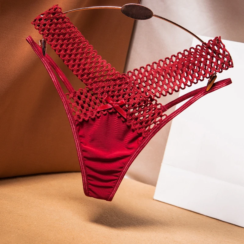 Women's Panties Cross Cut Ice Silk Thong Sports Fashion Perspective Low Waist Ribbons Sexy Lingerie Thongs