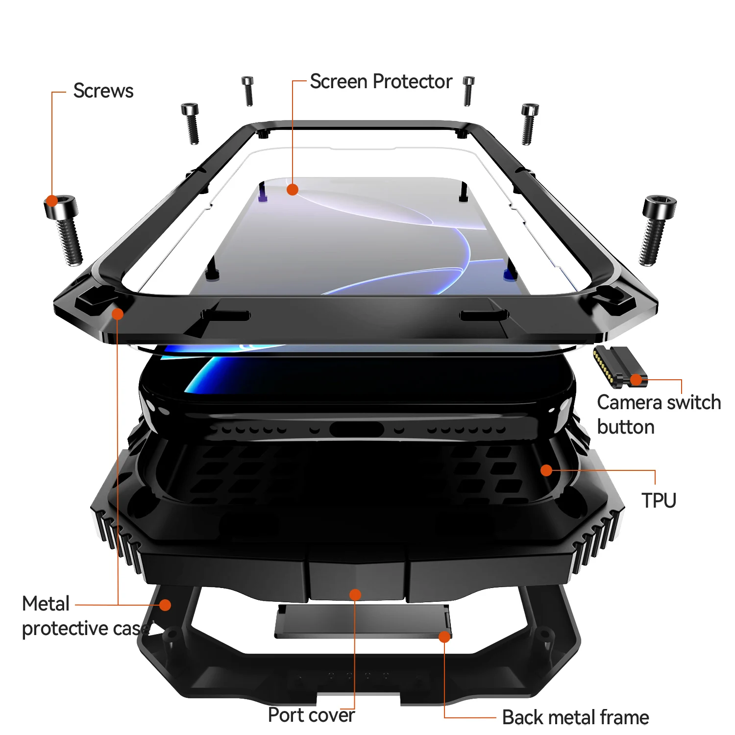 Durable Metal Shockproof Case with Screen Protector and Stand