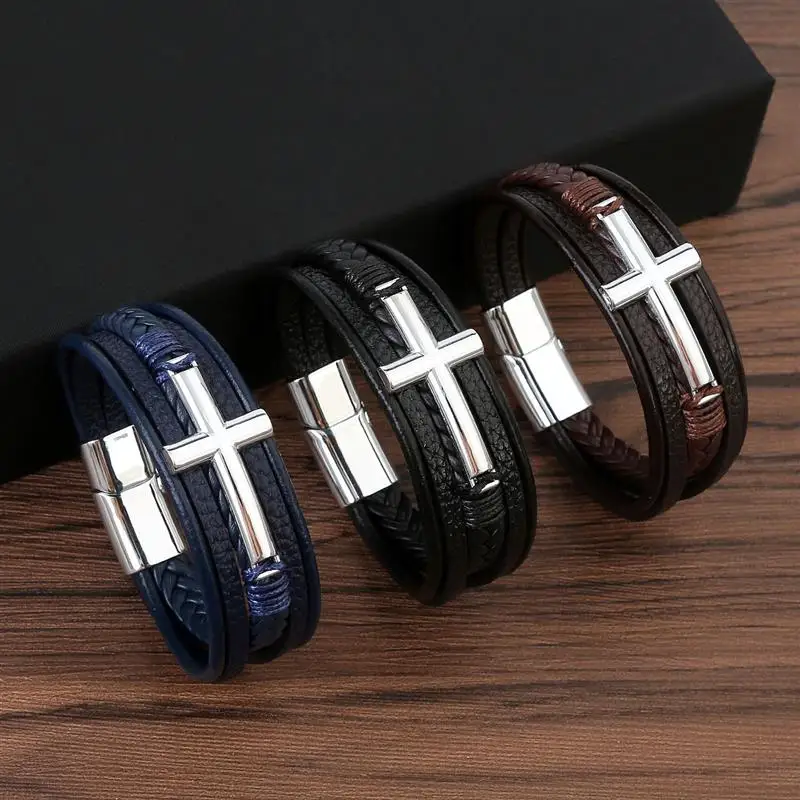 Men's Multicolor Cross Design Leather Bracelet with Classic Metal Clasp - Stylish Gift