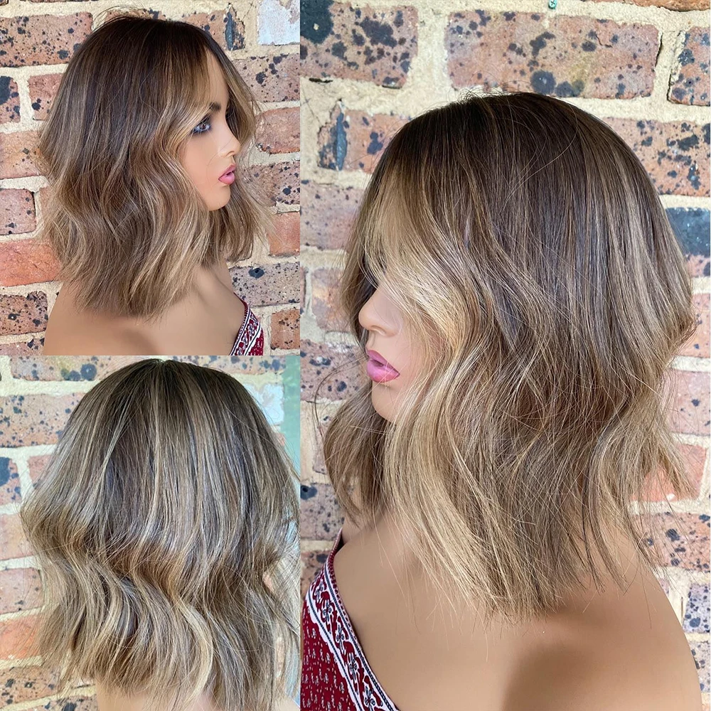 

Cheap Virgin Hair Short Bob Wigs Real Human Hair Lace Front Wig Brown Honey Blonde Highlights 13x4 HD Lace Frontal Wigs 150%