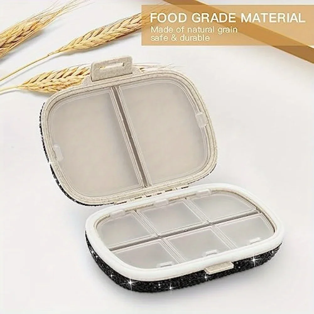 Bling Pill Organizer With 8 Compartments Travel Portable Pill Case Double Sided Rhinestone Pill Box For Vitamin Fashion Gifts