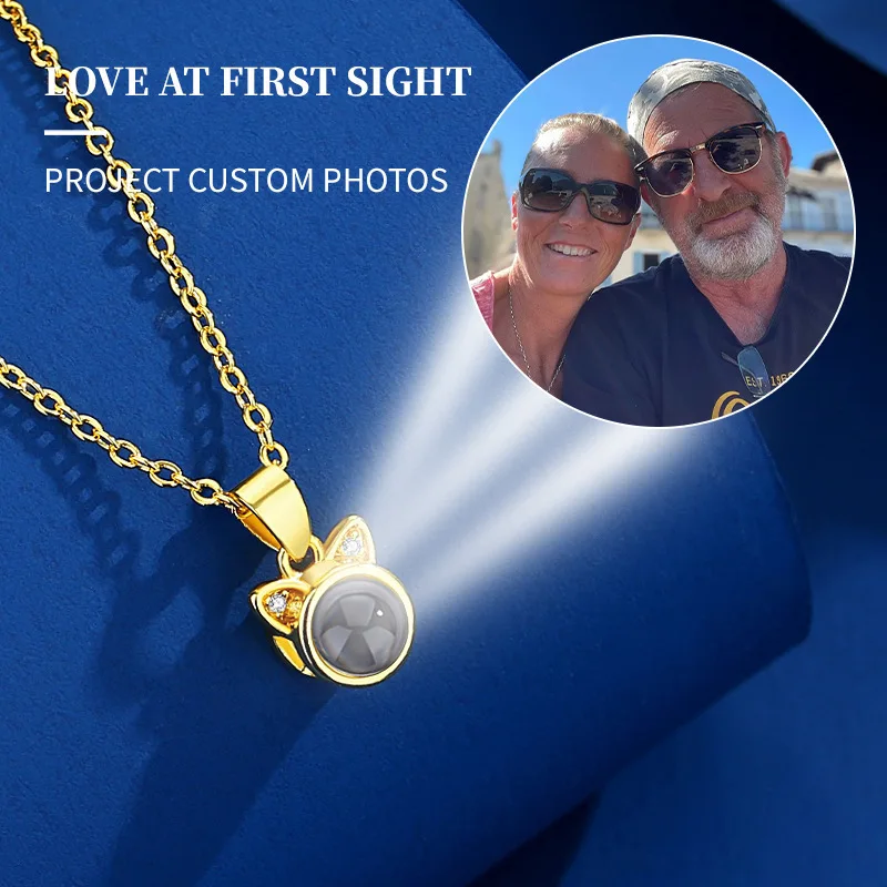 520 Gift Custom Photo Projection Necklace Cat Zircon Ear Pendant Stainless Steel Chain Women Jewelry DIY Picture Inside For Love love inside love thrill 50