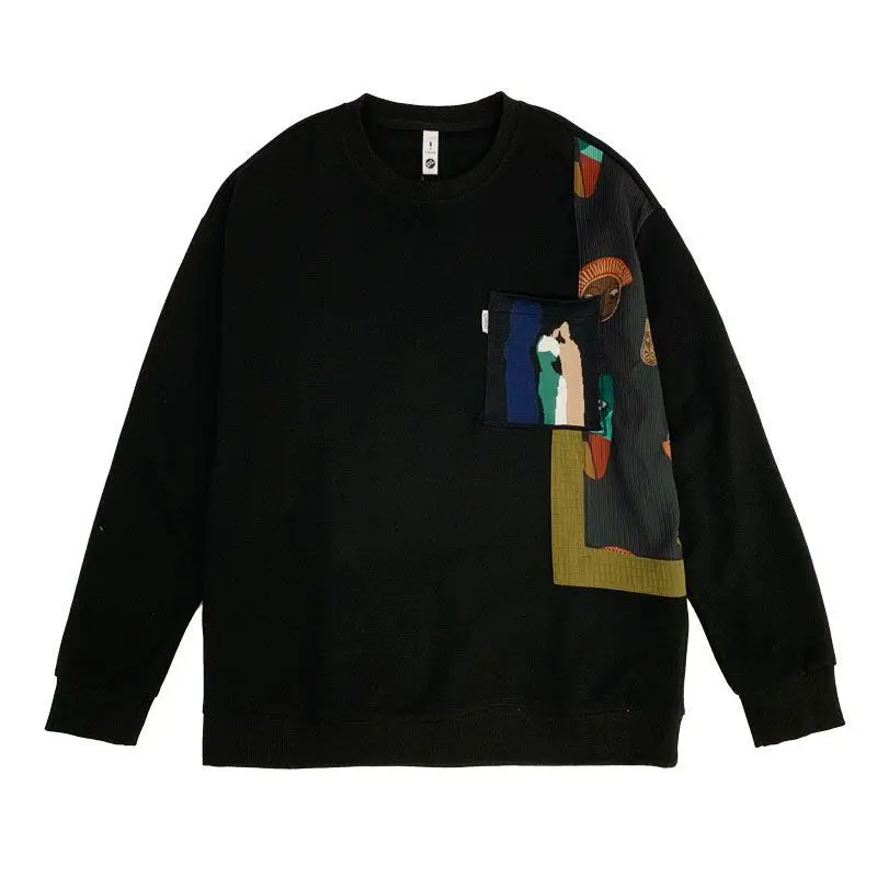 Fashion O-Neck Spliced Pockets Printed Casual Sweatshirts Men's Clothing 2023 Autumn Loose All-match Tops Korean Sweatshirts