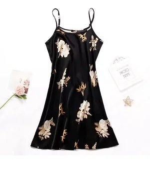Women Nightwear Home Clothes Sexy Black Floral Printing Nightdress Sleepwear Nightshirts Silk Sleepshirts Nightgowns For Woman 2