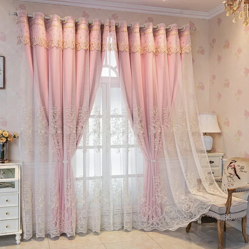 

Double-layer Embroidered Curtains Fabric Gauze Integrated Blackout for Living Room Bedroom Bay Window Balcony Floor-standing