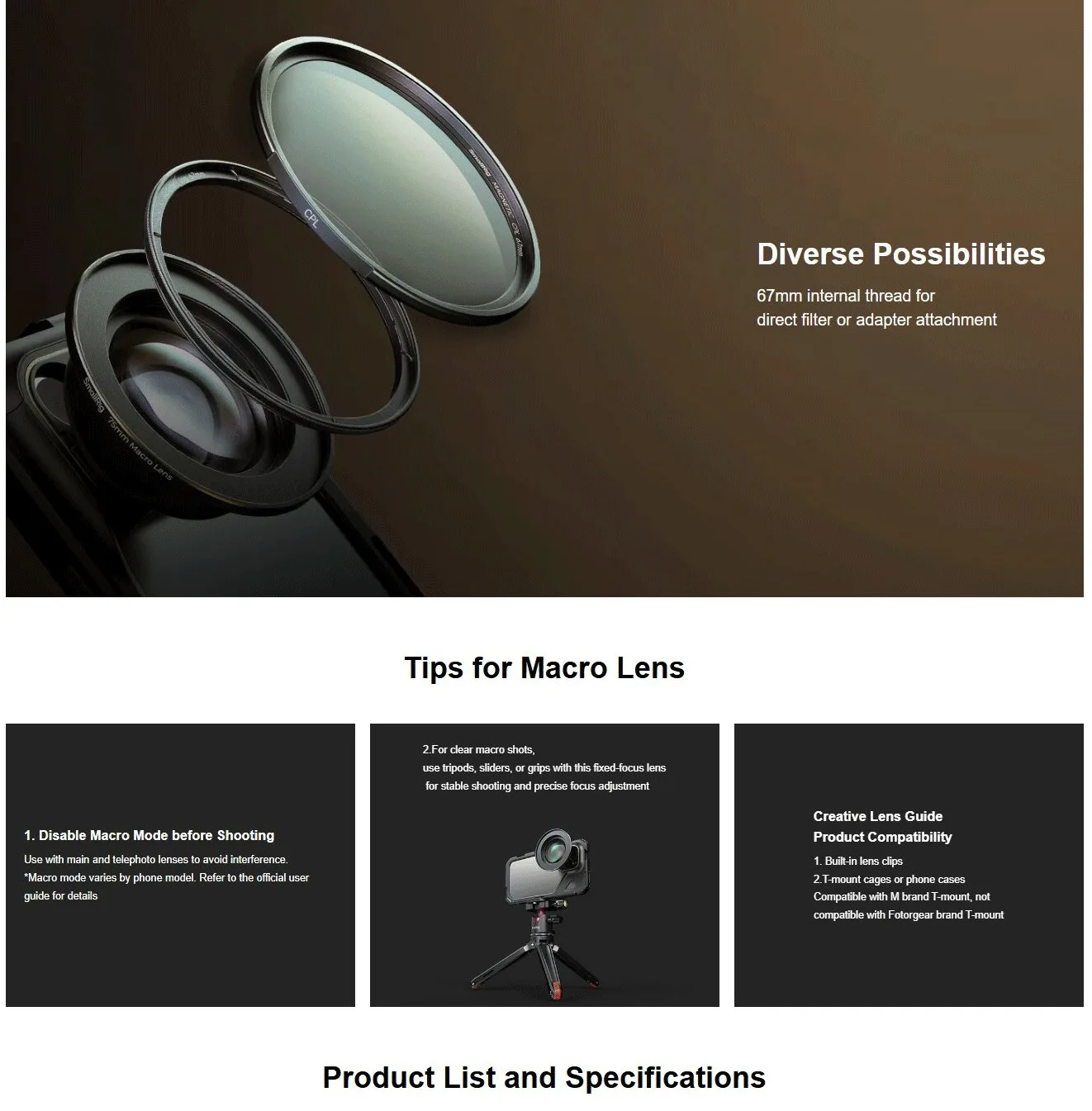 1.33x 1.55x Anamorphic Lens and 75mm Macro Lens for Mobile Phone (T-mount) Filmm