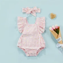 

Summer Baby Girls Short Sleeve Rompers Cute Daisy Print Crotch Snaps Bodysuits With Headband Toddler Kids Clothes 2022