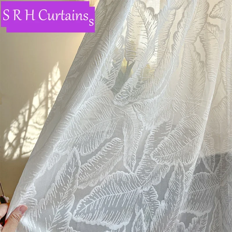 

Luxury Embossed Stereoscopic White Silk Leaves Embroidery Bedroom Sheer Tulle Curtain For Living Room Window Voile Thread Drapes