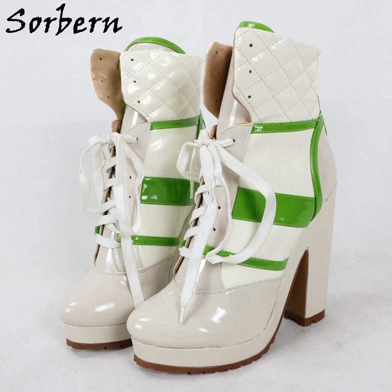 

Sorbern Beige Patent Women Sneakers Boots Block High Heels Platform Shoes Lace Up Custom Unisex Shoes Plus Size Up To Eu48