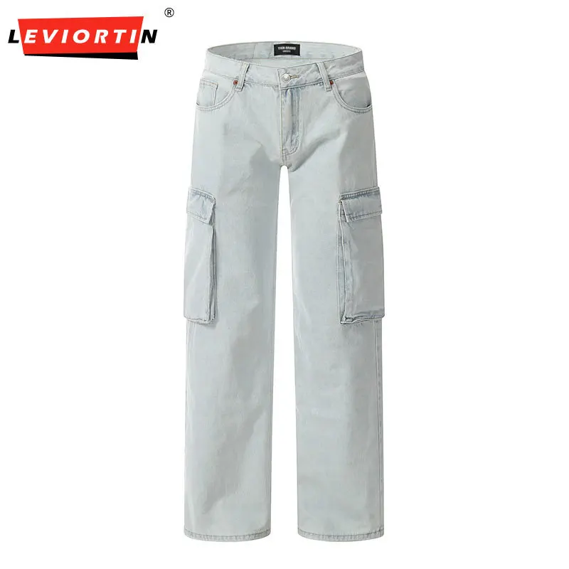 

Pocket Washed Distressed Jeans Mens Retro Loose Casual Straight Wide Leg Denim Pants Men Trousers