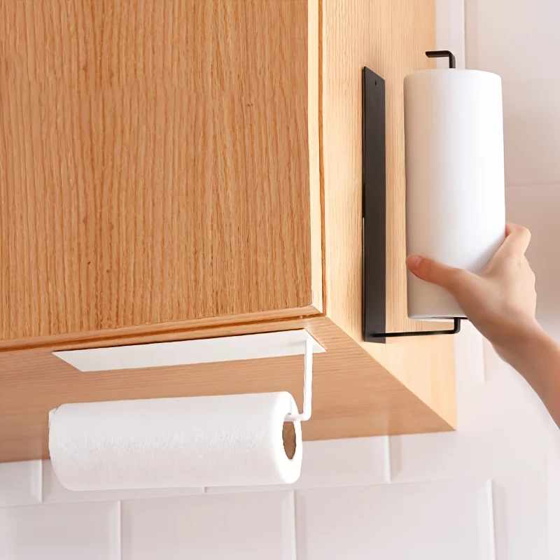Kitchen Carbon Steel Paper Towel Holder No Punch Cabinet Paper Shelf Household Roll Hanger Plastic Wrap Rag Storage Rack paper towel holder paper towel rack