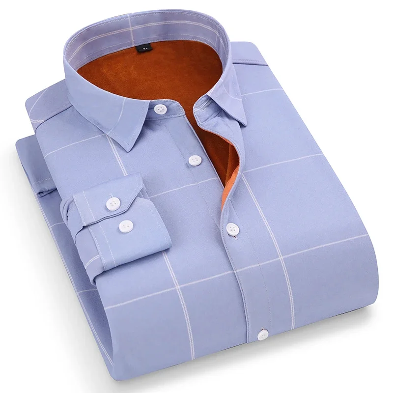 

2024 Autumn Winter Men Male Long Sleeve Plaid Thick Fleece Lined Soft Casual Flannel Warm Dress Shirt