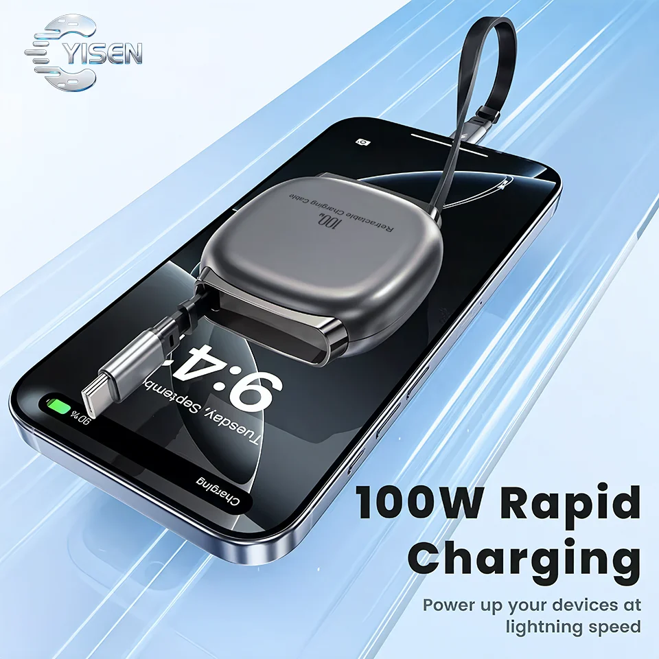 Cable retráctil Yisen C240w Small Cube de 1 m con siete niveles de ajuste de longitud, carga rápida de 100 W para tabletas y portátiles Huawei universal.