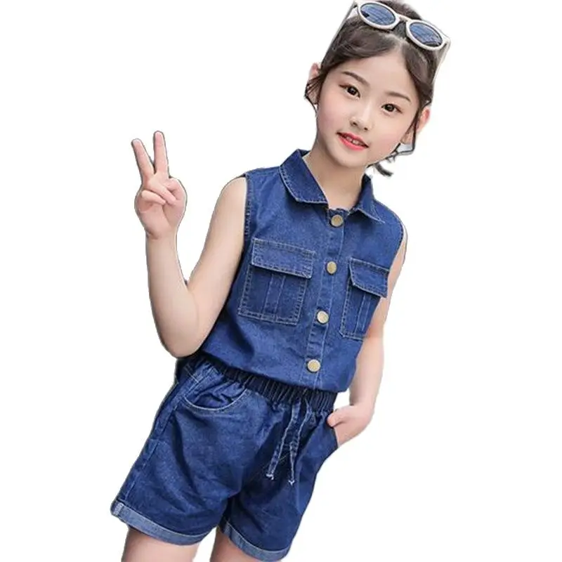 Girls Clothing Sets Summer Fashion Lapel Sleeveless Tops and Shorts Sets Teen Kids Clothes Suit Children Denim Girls Tracksuit