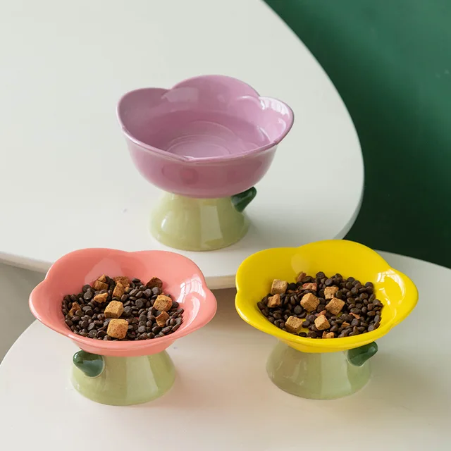 Cute Ceramic Cat Bowl Non-slip Flower Shape New High Foot Dogs Puppy Feeder Feeding Food Water Pet Supplies Cat Food Bowl 3
