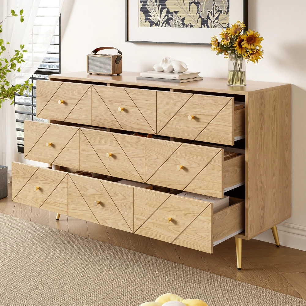 PINGGO Moderner Schrank mit neun Schubladen, stilvoller Aufbewahrungsschrank mit Eisenbeinen, geeignet für Schlafzimmer, Wohnzimmer und Flur – Detail 4