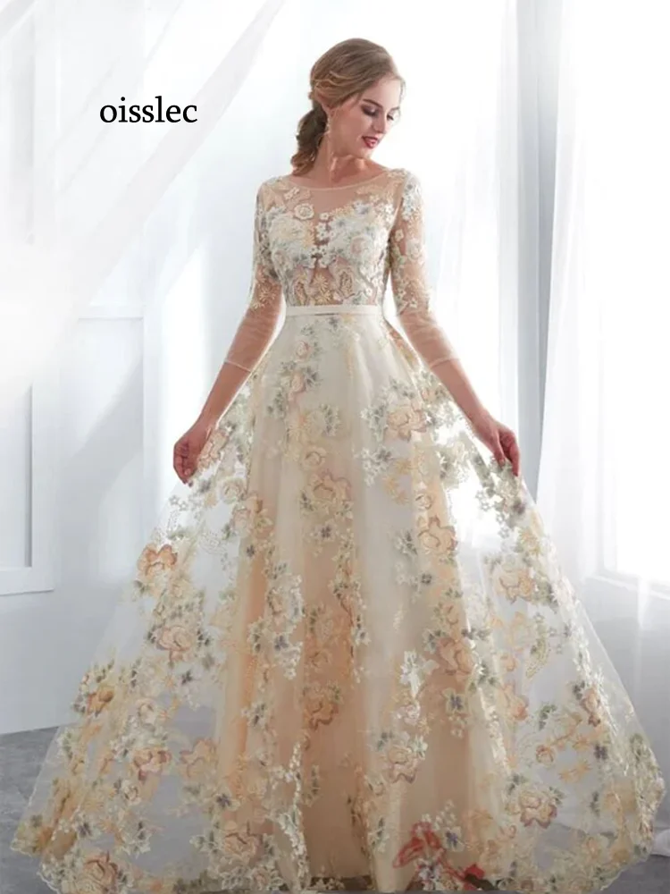

Oisslec Evening Dress Floral Appliques Prom Dress A Line Fromal Dress Floor Length Celebrity Dresses Scoop Neckline Customize