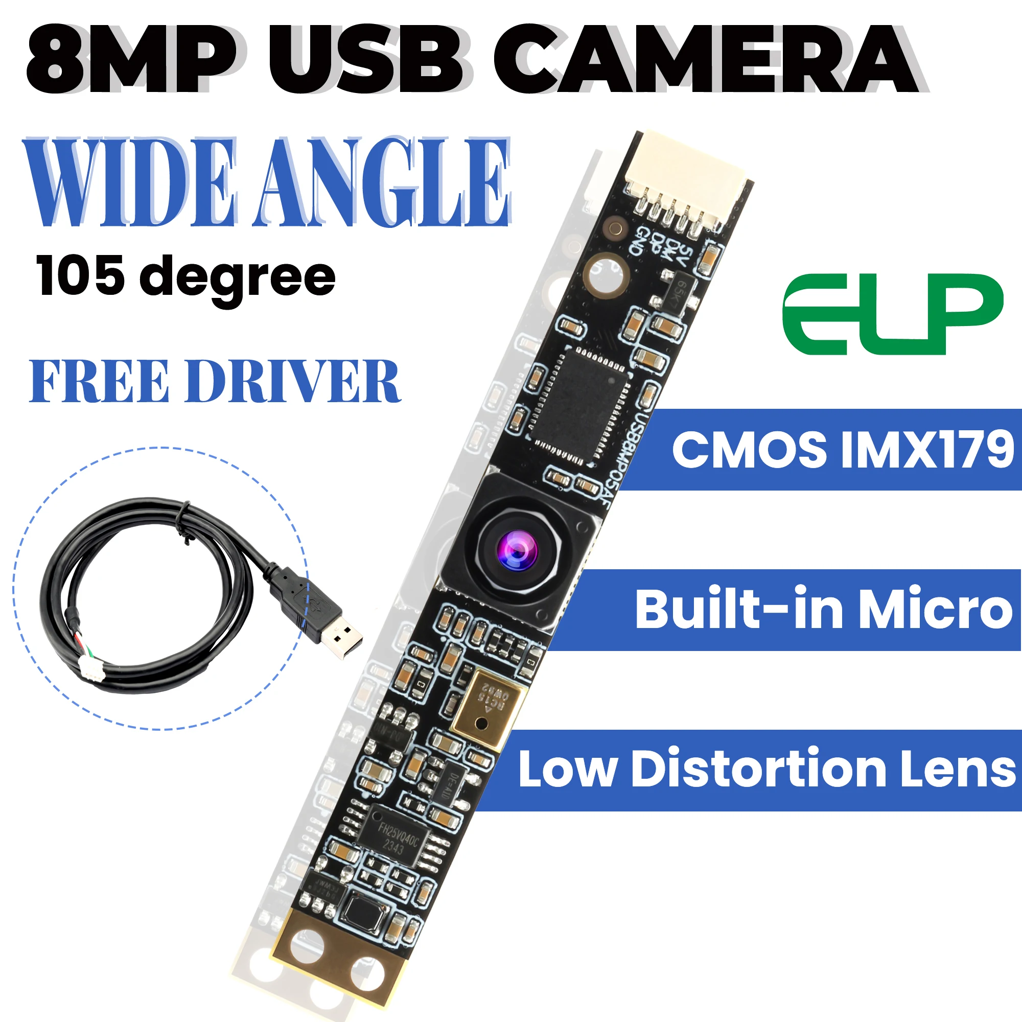 ELP 8MP Wide Angle 105° USB Camera Module Inbuilt Microphone