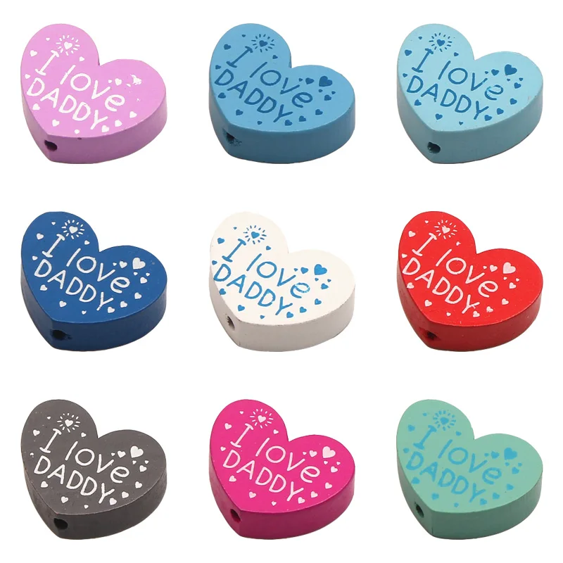 

Handmade I Love DADDY Wooden Beads 10Pcs/Lot Heart Shape Spacer Beads For jewelry Making DIY Pacifier clip Toys 23*29mm