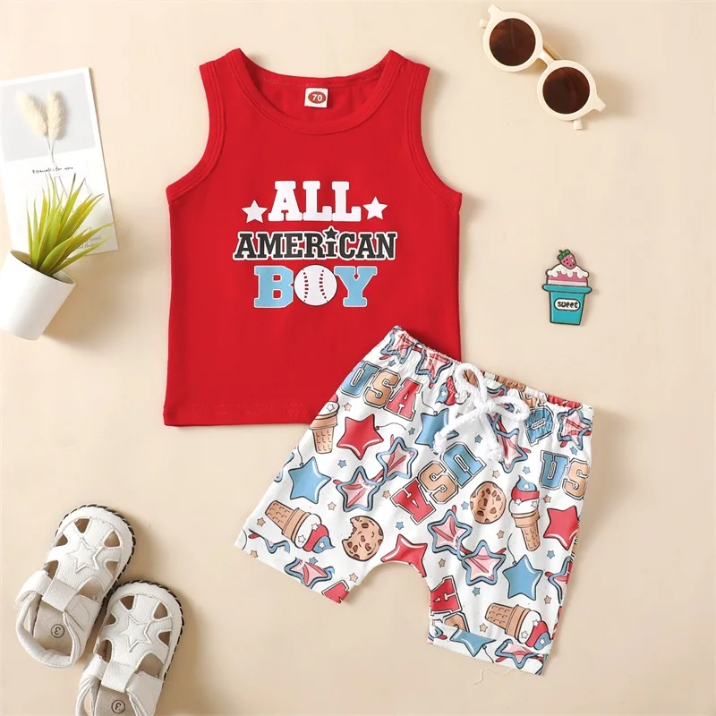 

2023-03-31 Lioraitiin 0-3Years Kids Boys Pants Suit Independence Day Sleeveless Vest Tops Drawstring Cartoon Short Trousers