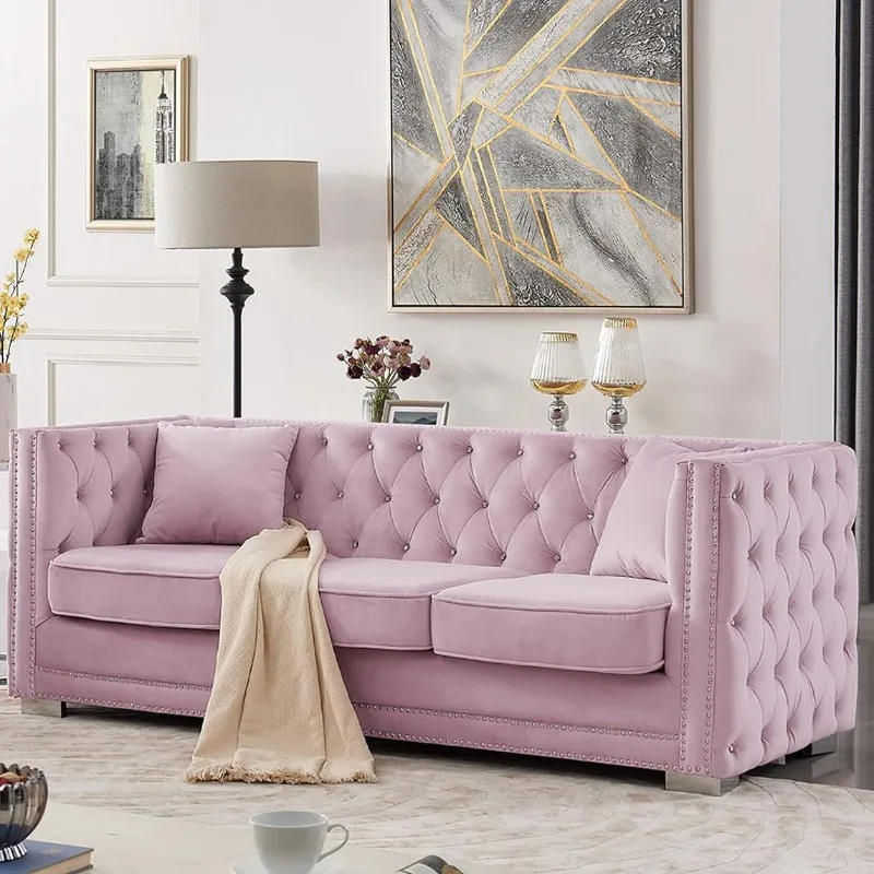 

Living Room Sofa Velvet Upholstered Button Tufted Nailhead Trim Shelter Arm Silver Tone Metal Block Legs Modern Room Furniture