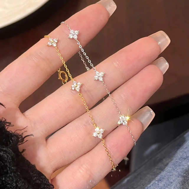 Bracelet à fleurs à quatre feuilles plaqué argent 925 pour femmes et filles, mignon et délicat, chaîne à maillons réglable, tendance, bijoux en or 18 carats 1