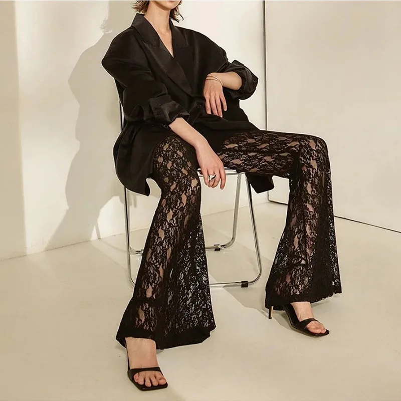 Nibber Stacked Lace Pants Women Solid Sexy See Through High Waist Slim Trouser Simple Solid Trend Female Stunning Chic Bottoms