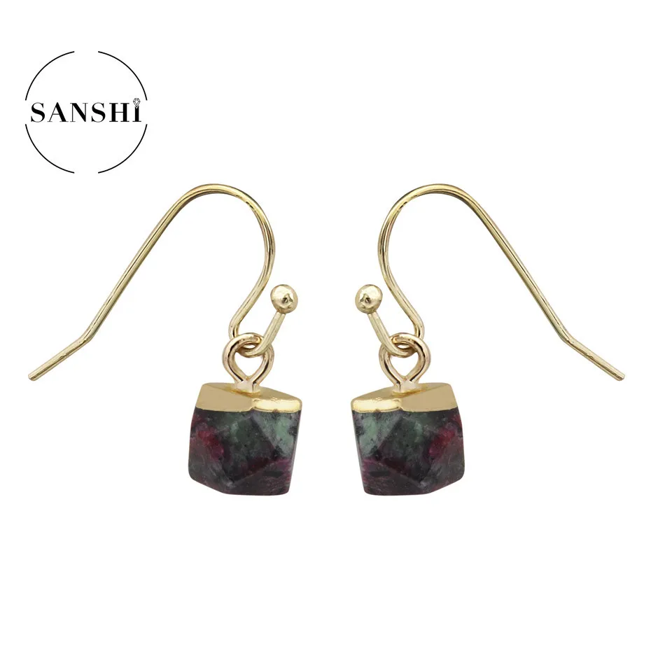 SANSHI 1Pair Natural Stone Drop Earring Pendant Rose Quartz Opal Crystal Agate Dangle Women Party Wedding Jewelry For Girls Gift