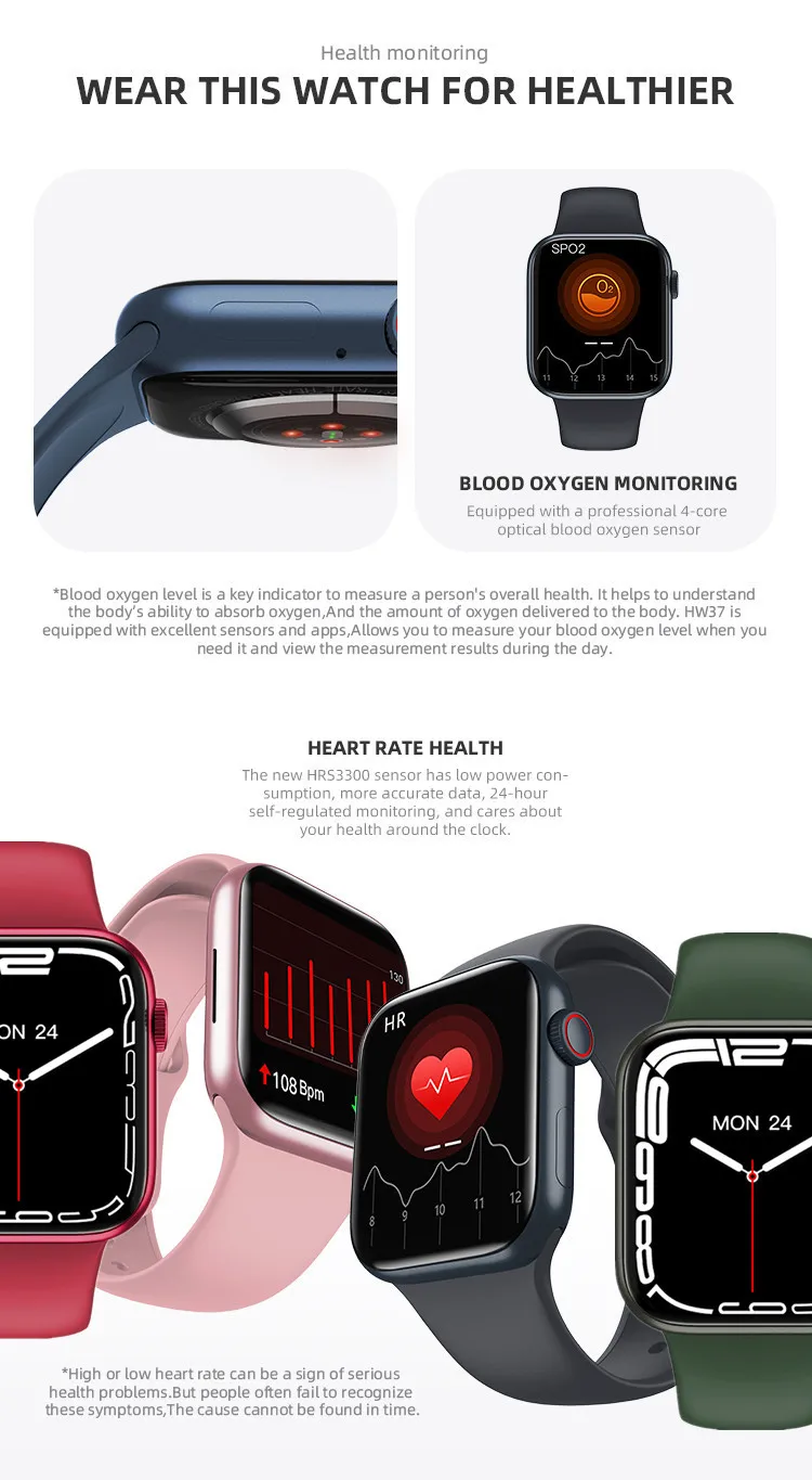 HW37 Series 7 Smart Watch Language Call Blood Sugar Monitoring Caller Information Reminder Music Sports Watch PK W27 Iwo 13 W37