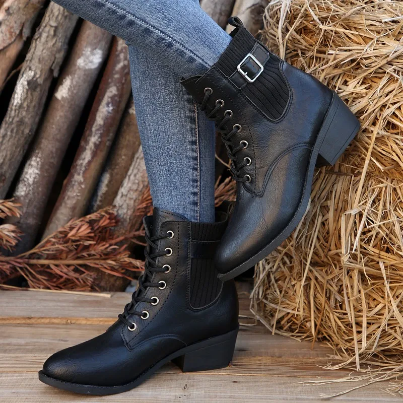 Ladies Shoes 2023 Hot Sale Lace Up Women's Boots Winter Pointed Toe Solid Short Barrel Chunky Heel Large Size Chelsea Boots