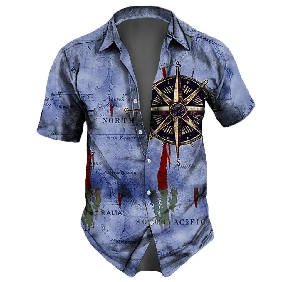 RWRAPS Uomo Camicia retrò Nave Stampa Camicie a Maniche Lunghe Moda 3D Barche d'Epoca Stampato T Shirt Top Camicetta con Risvolto Slim Fit Button Down