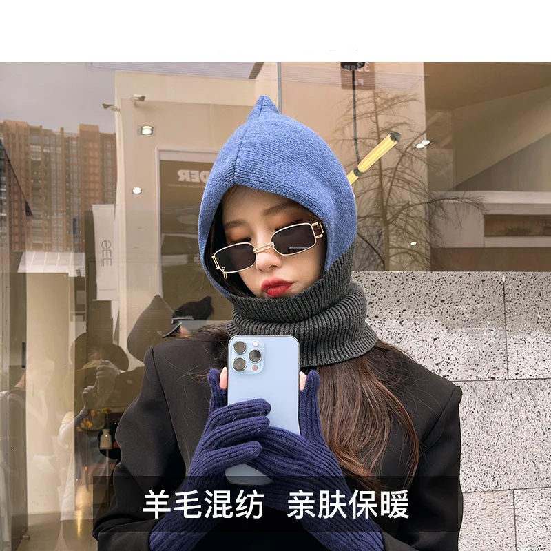 

Winter Wool Hat Women Clash Colours Ear Protection Knitted Wool Warm Pullover Cap Scarf all-in-one Balaclava Hats Free Shipping