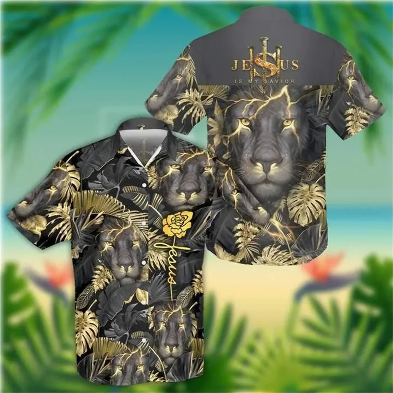 thumbnail image 1 of Jesús toma mi mano Jesús es mi salvador Camisas hawaianas para hombre y mujer Camisas playeras con cruz de león Camisas florales frescas de verano Ropa, 1 of 4