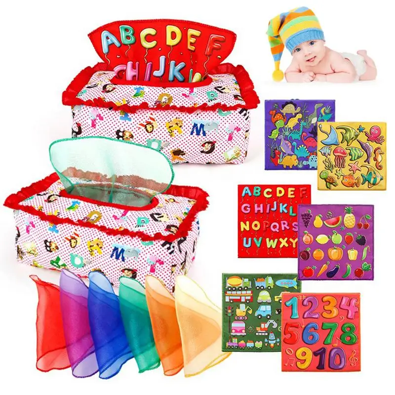 

Kids Tissue Box Toy High Contrast Crinkle Paper Sensory Silk Scarves Toys Montessori Square Sensory Toys Juggling Rainbow Dance