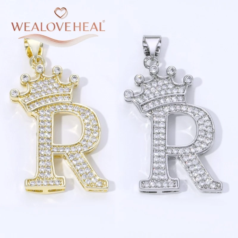 18K Vergoldeter Messing A-Z Kronen-Initial-Anhänger, mit Zirkonia besetzt, 26 Buchstaben-Charms für DIY Halsketten und Schmuckherstellung – Detail 36