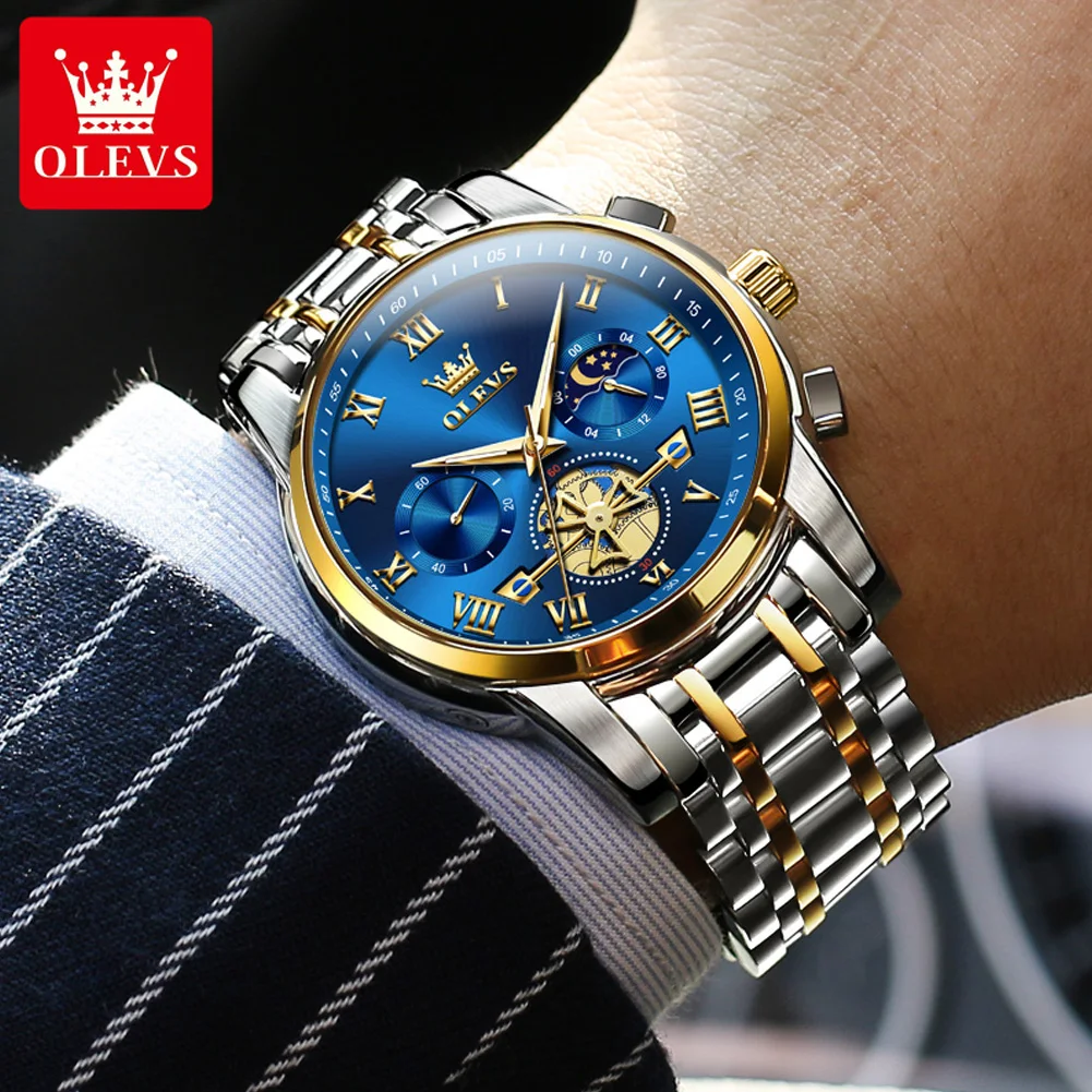 OLEVS 2859 Original Men's Watch Moon Phase Luminous Chronograph Quartz Watch Luxury Brand Waterproof Stainless Steel Strap Watch