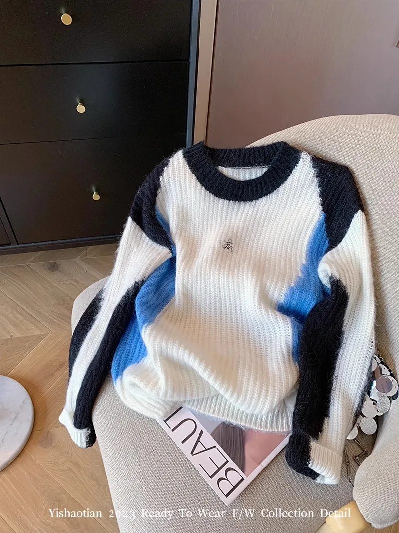 

Retro Contrasting Patchwork Round Nneck Soft Knitted Sweater Women 2024 Spring Autumn Lazy Loose Casual Pullover Tops X780