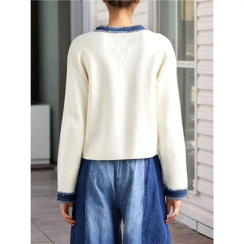 여성용 패치워크 데님 포켓 가디건 가을 겨울 아우터웨어 긴 소매 버튼 다운 두꺼운 니트 스웨터 코트