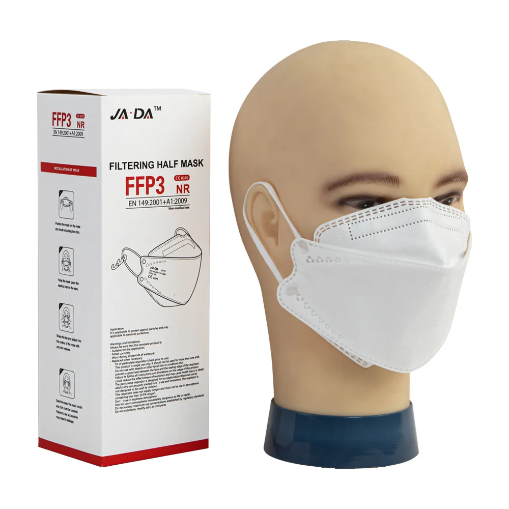 Masque FFP2 Poisson 5 couches présenté de face, avec élastiques et barre nasale.